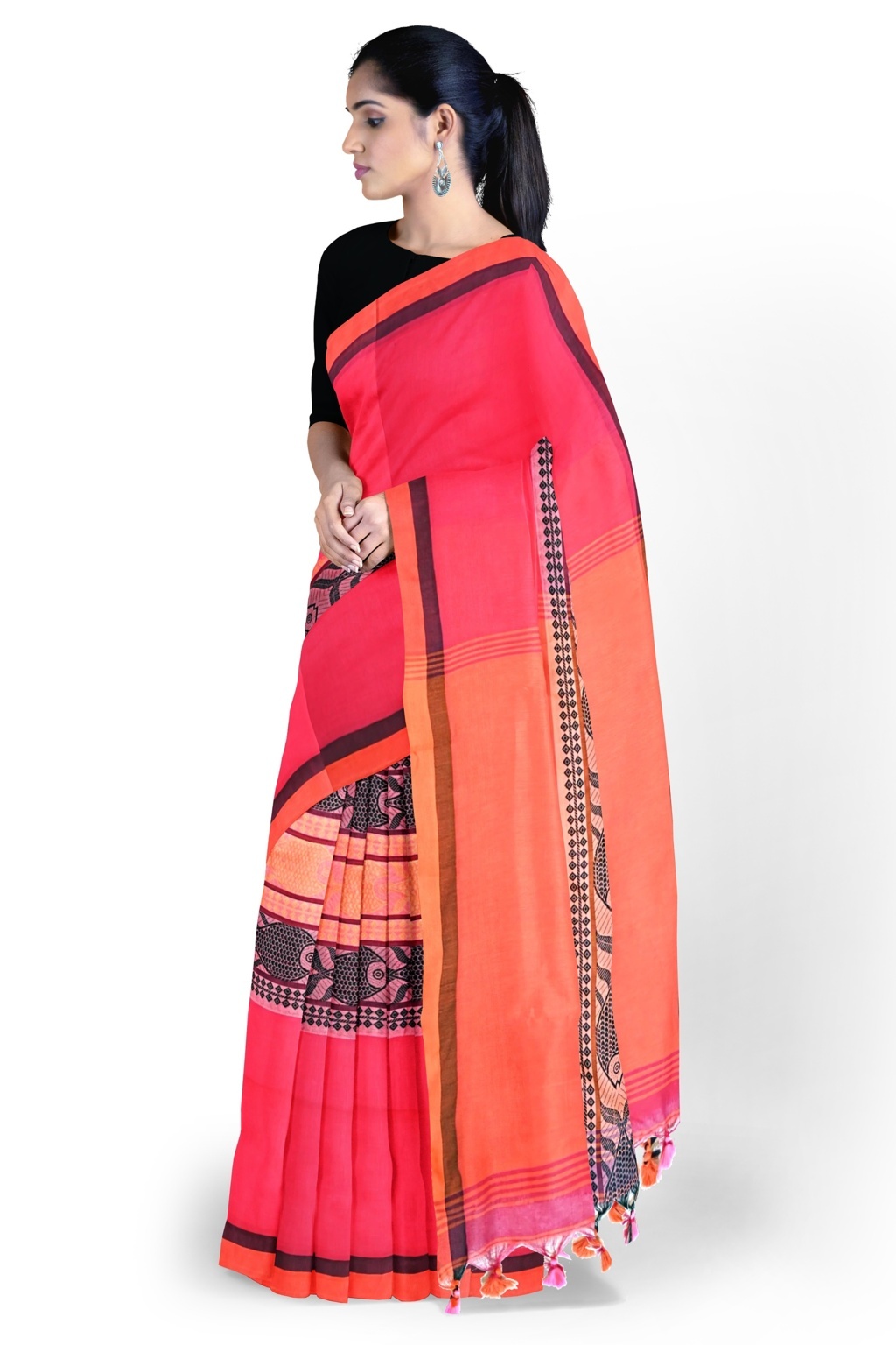 Pink Orange Pure Cotton Marine Hand Loom Saree (1278)